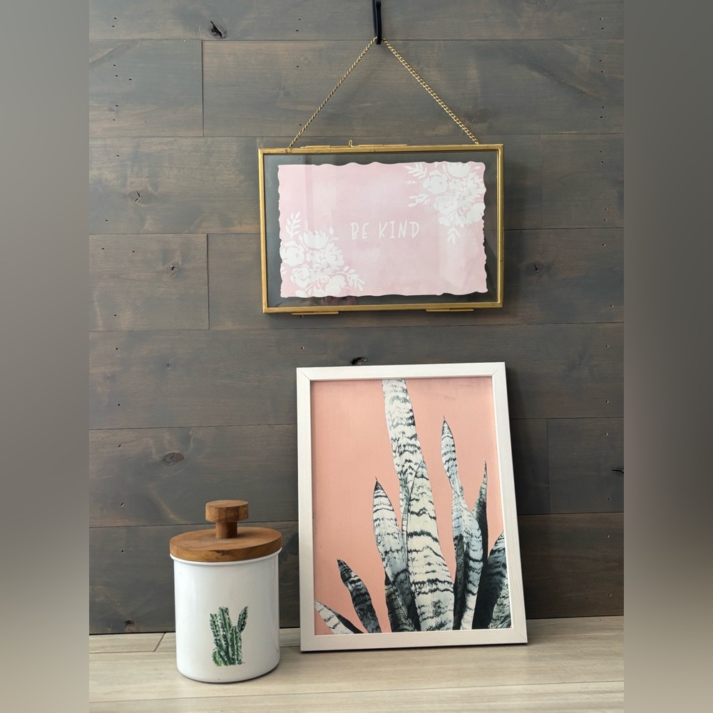 Pink and White Wall Art Set & Cactus Container